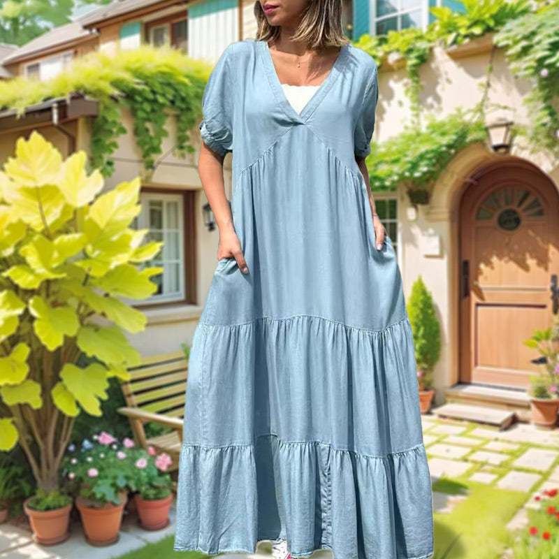 Loose V-neck Tiered Faux Denim Dress Casual Summer Style