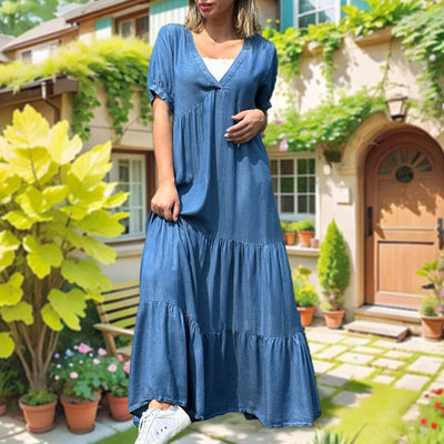 Loose V-neck Tiered Faux Denim Dress Casual Summer Style