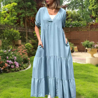 Loose V-neck Tiered Faux Denim Dress Casual Summer Style