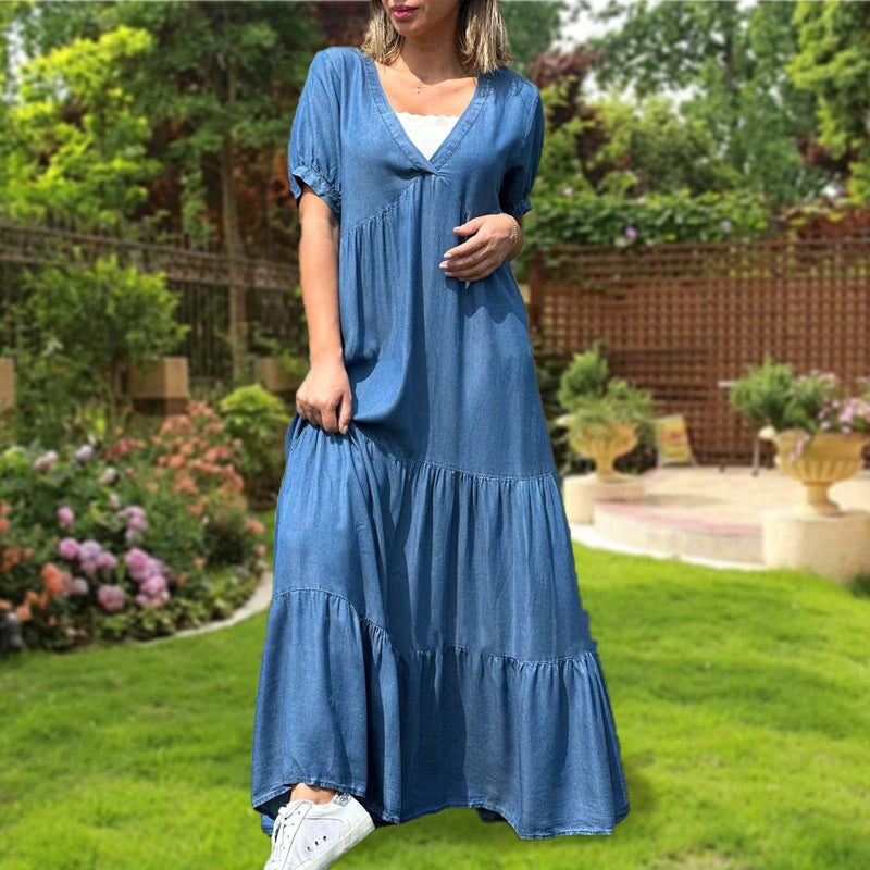 Loose V-neck Tiered Faux Denim Dress Casual Summer Style