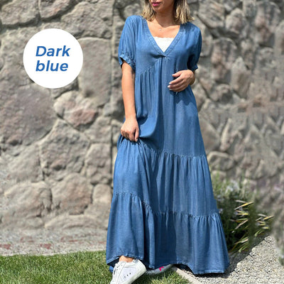 Loose V-neck Tiered Faux Denim Dress Casual Summer Style