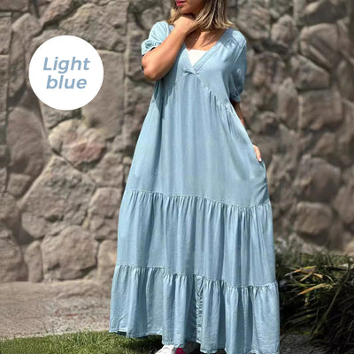 Loose V-neck Tiered Faux Denim Dress Casual Summer Style