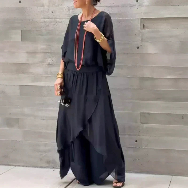 Chiffon 2-Piece Set Loose Top And Wide Leg Pants