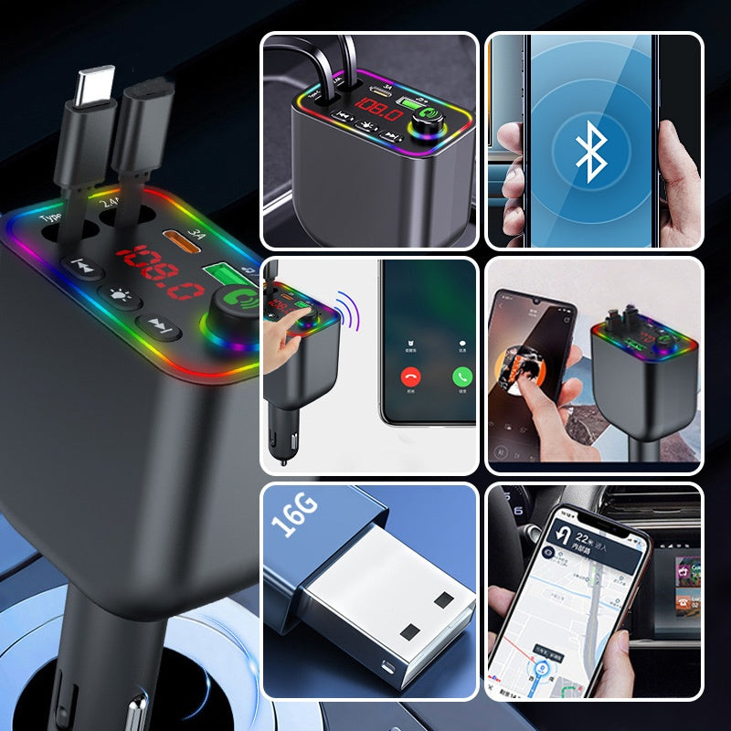 Bluetooth Retractable Car Charger 120W Fast Multifunctional Adapter