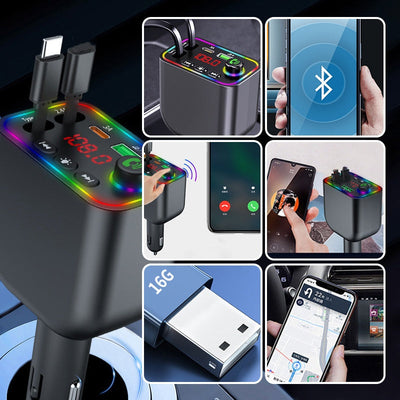 Bluetooth Retractable Car Charger 120W Fast Multifunctional Adapter