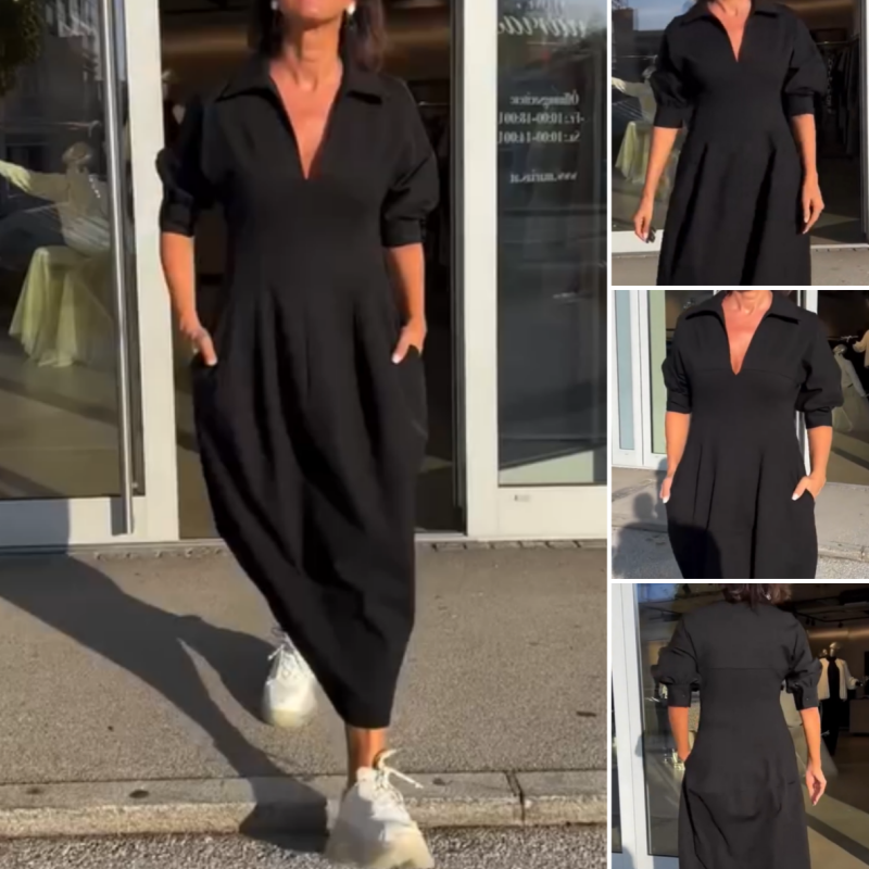 Women's V-Neck Lapel Waist Midi Dress Elegant Spring Style