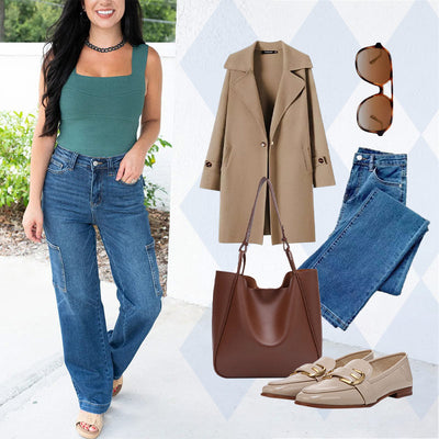 High Rise Cargo Wide Leg Stretch Jeans For Women Stylish Fit
