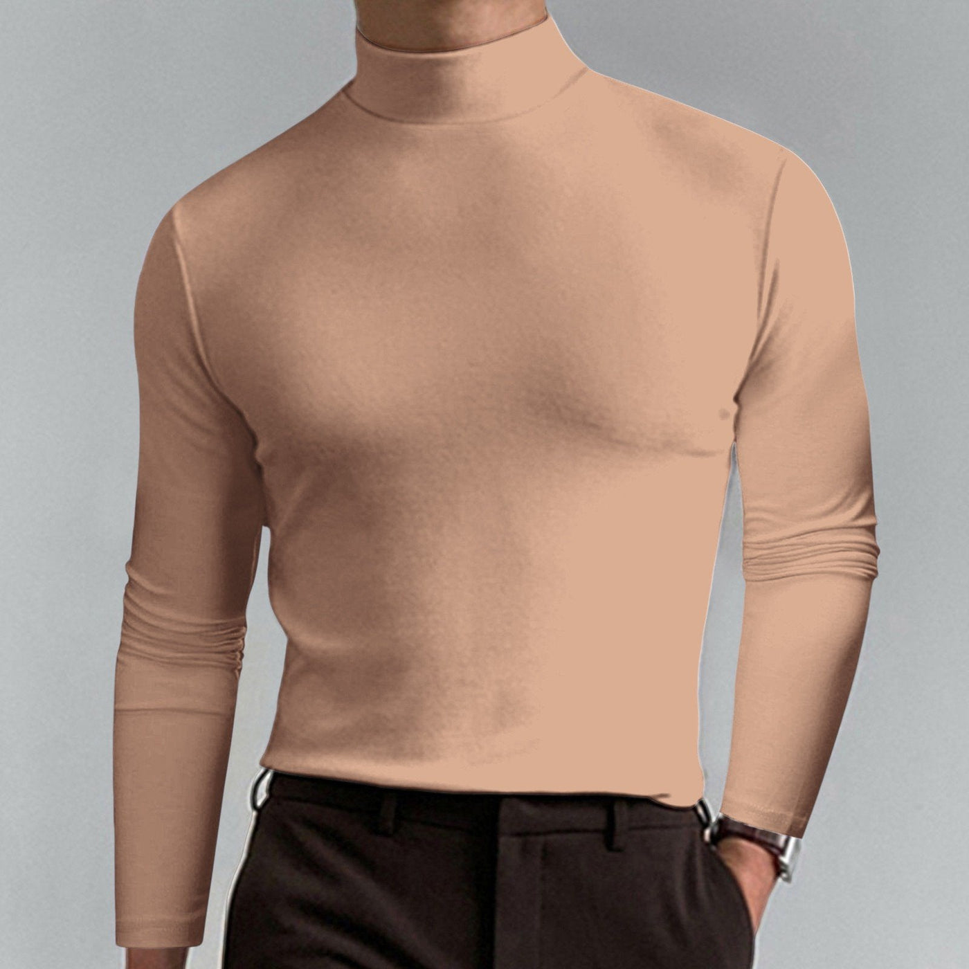 Mens High Neck Slim Fit Long Sleeve T-shirt Casual Stretch Top