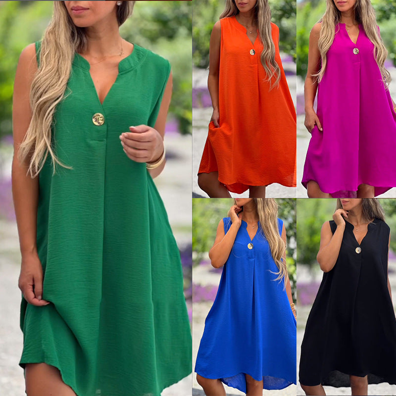 Solid Color Sleeveless V Neck Dress With Button Decoration