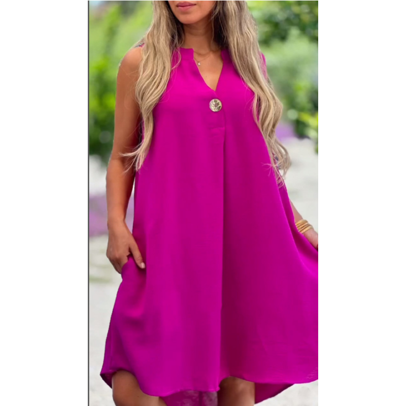 Solid Color Sleeveless V Neck Dress With Button Decoration