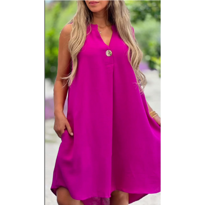 Solid Color Sleeveless V Neck Dress With Button Decoration