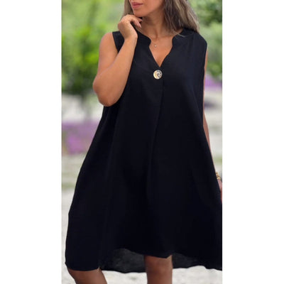 Solid Color Sleeveless V Neck Dress With Button Decoration