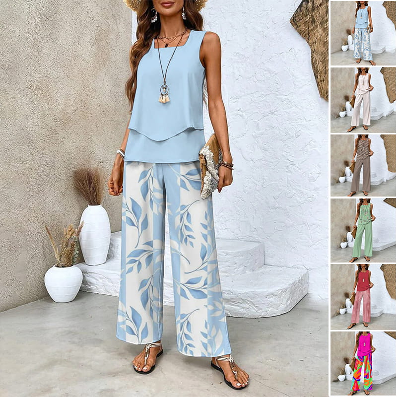 Women's 2 Piece Outfits Sleeveless Top And Pants Trendy Print