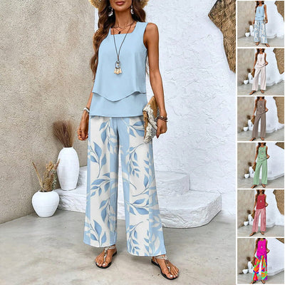 Women's 2 Piece Outfits Sleeveless Top And Pants Trendy Print