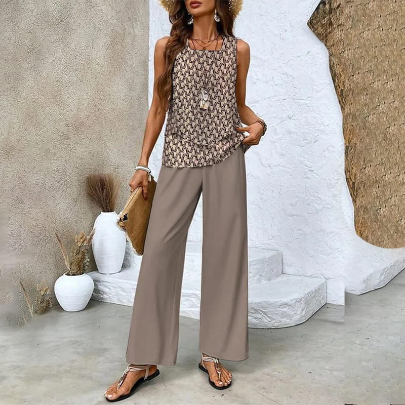 Women's 2 Piece Outfits Sleeveless Top And Pants Trendy Print