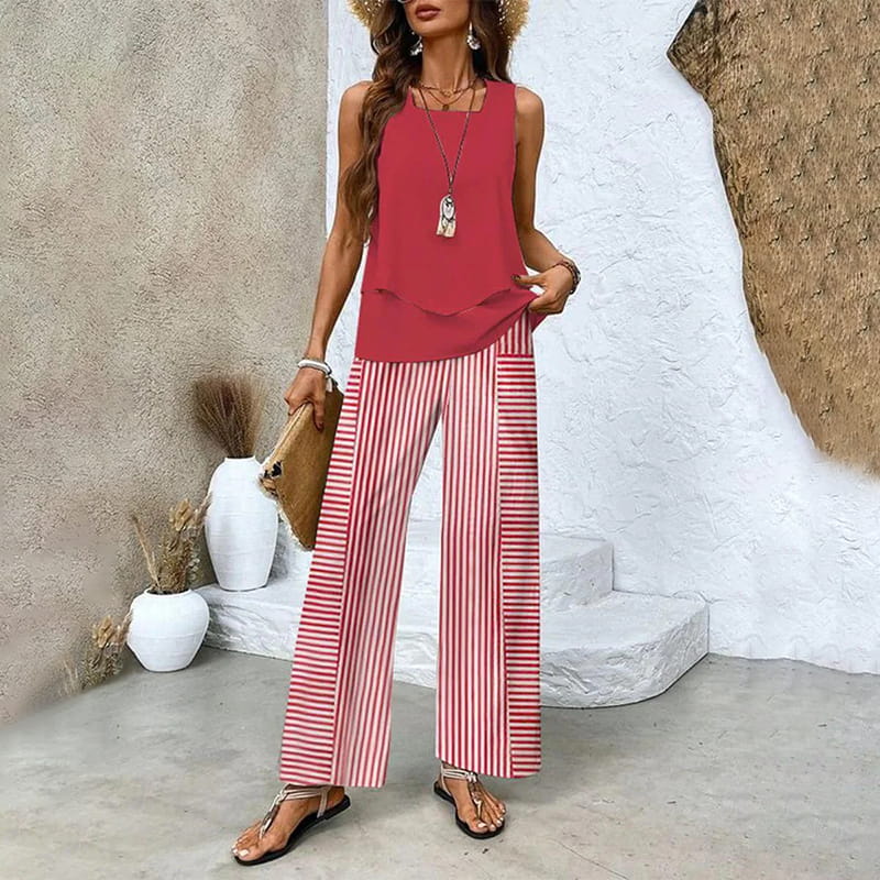 Women's 2 Piece Outfits Sleeveless Top And Pants Trendy Print