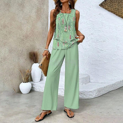 Women's 2 Piece Outfits Sleeveless Top And Pants Trendy Print