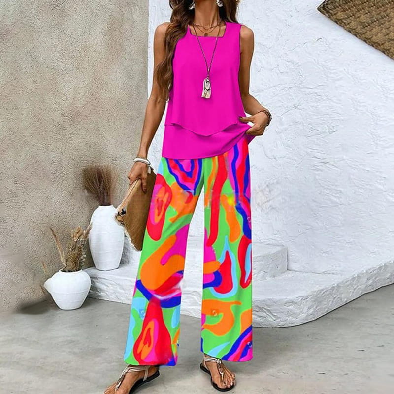 Women's 2 Piece Outfits Sleeveless Top And Pants Trendy Print