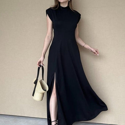 Solid Color Sleeveless Waist Cinching Dress With Side Slit