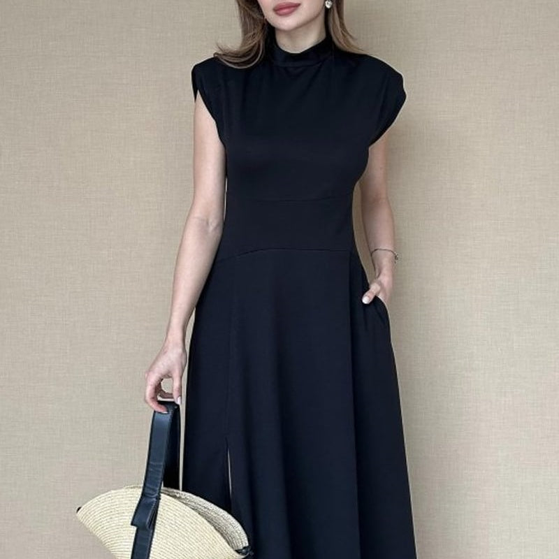 Solid Color Sleeveless Waist Cinching Dress With Side Slit