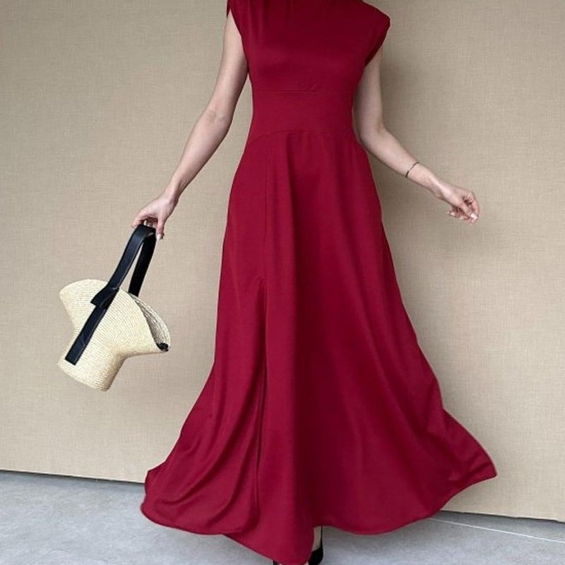 Solid Color Sleeveless Waist Cinching Dress With Side Slit