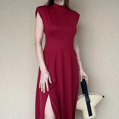 Solid Color Sleeveless Waist Cinching Dress With Side Slit