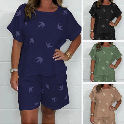 Cotton-Linen Shorts Set With Printed Short Sleeve Casual Design