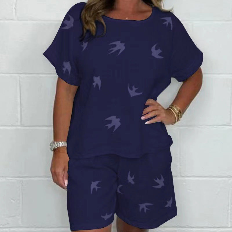 Cotton-Linen Shorts Set With Printed Short Sleeve Casual Design