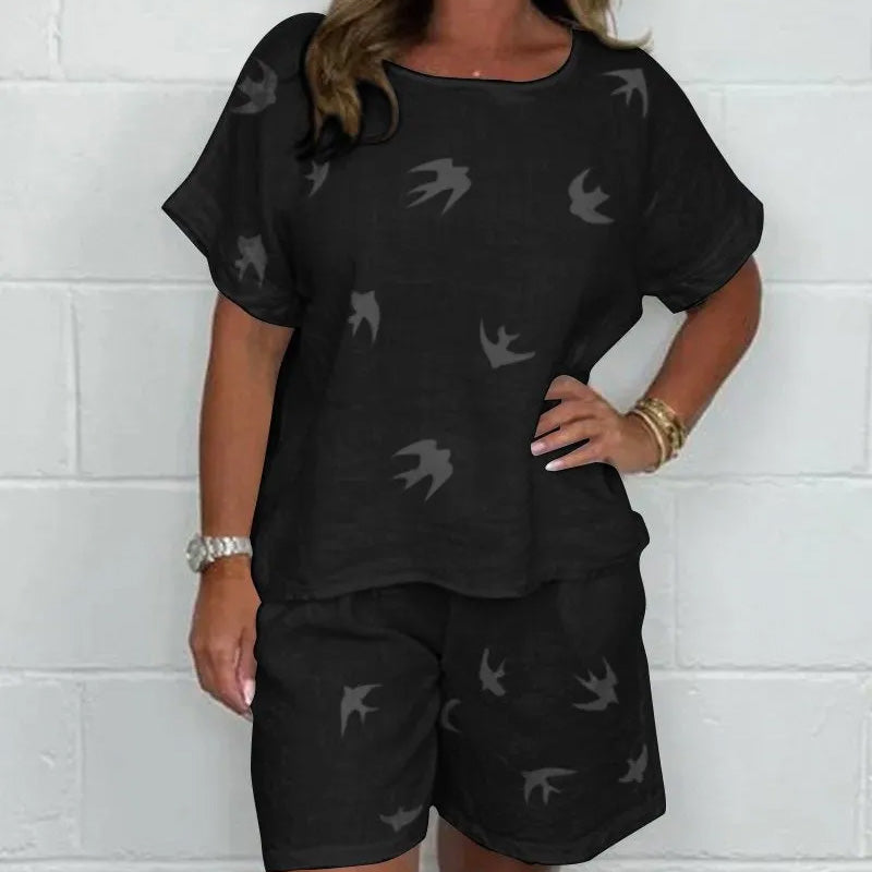 Cotton-Linen Shorts Set With Printed Short Sleeve Casual Design