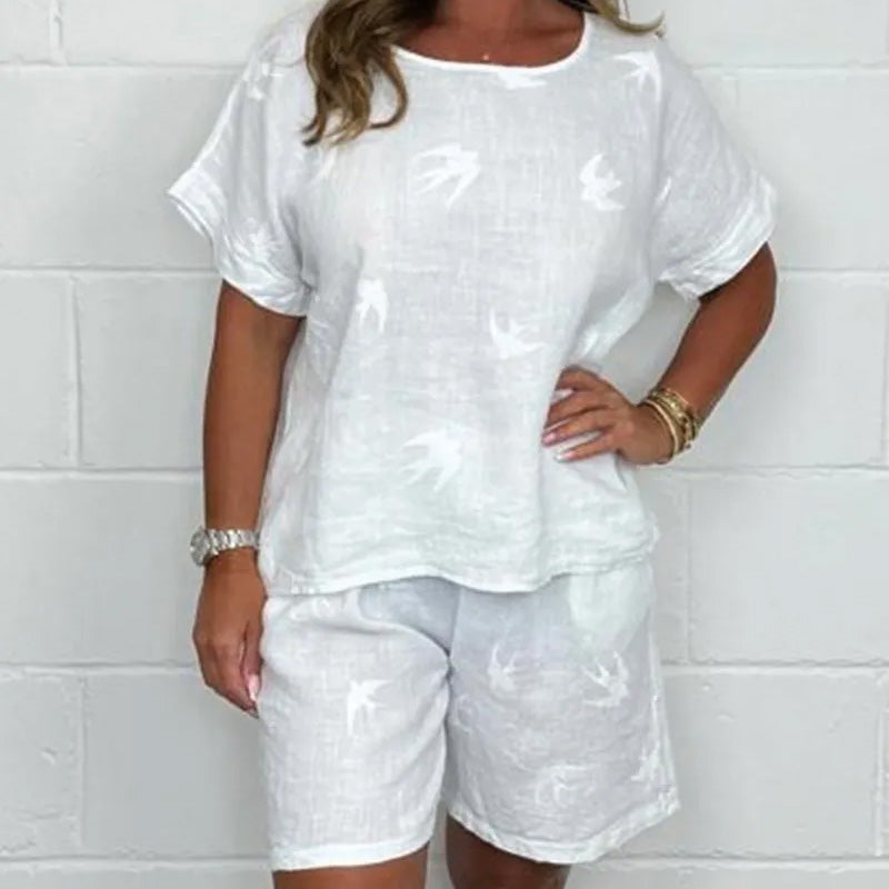 Cotton-Linen Shorts Set With Printed Short Sleeve Casual Design