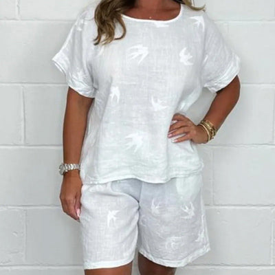 Cotton-Linen Shorts Set With Printed Short Sleeve Casual Design