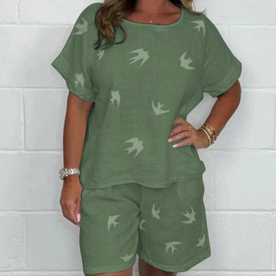 Cotton-Linen Shorts Set With Printed Short Sleeve Casual Design