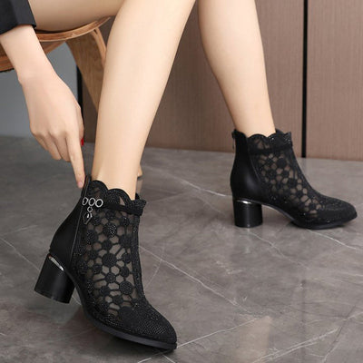 Women's Sparkly Mesh Ankle Boots With Stylish Chunky Heel