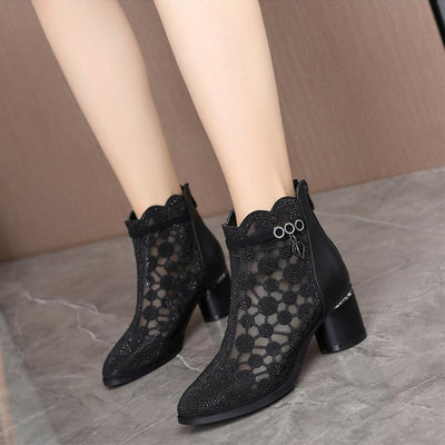 Women's Sparkly Mesh Ankle Boots With Stylish Chunky Heel