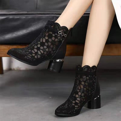 Women's Sparkly Mesh Ankle Boots With Stylish Chunky Heel