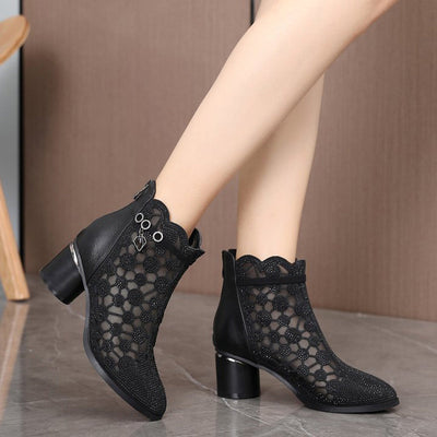 Women's Sparkly Mesh Ankle Boots With Stylish Chunky Heel