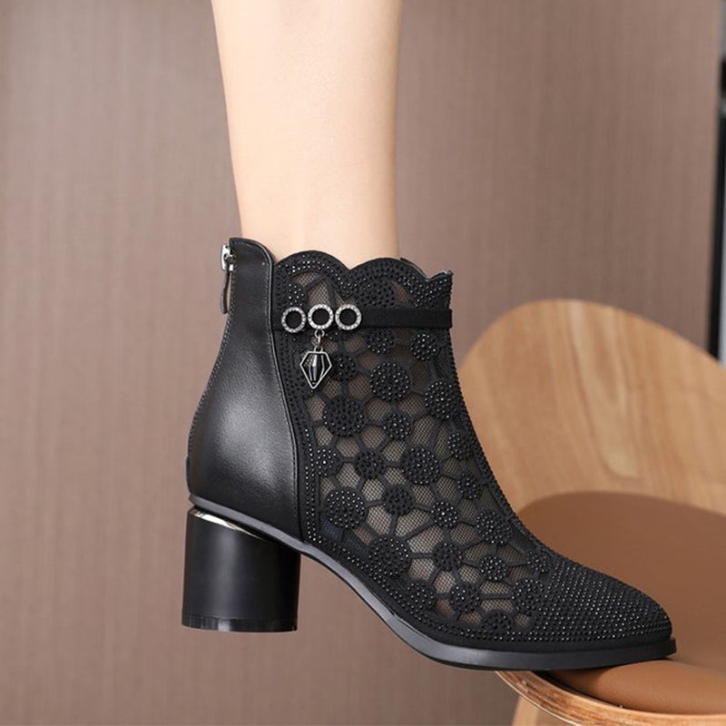 Women's Sparkly Mesh Ankle Boots With Stylish Chunky Heel