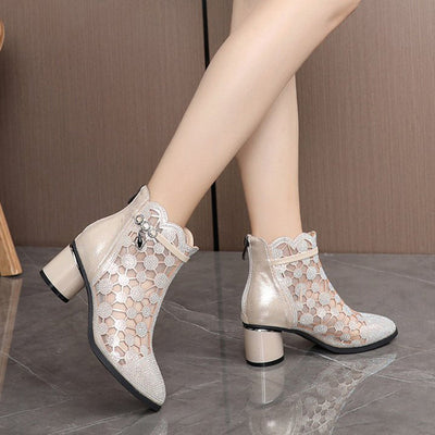 Women's Sparkly Mesh Ankle Boots With Stylish Chunky Heel