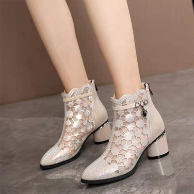 Women's Sparkly Mesh Ankle Boots With Stylish Chunky Heel