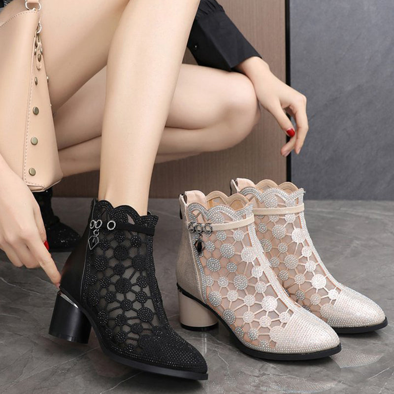 Women's Sparkly Mesh Ankle Boots With Stylish Chunky Heel