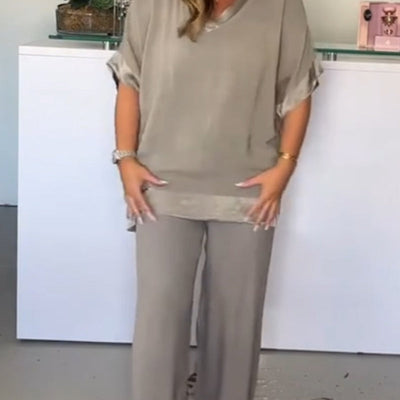 Casual V Neck 2 Piece Set Stylish Comfortable Outfit For Women
