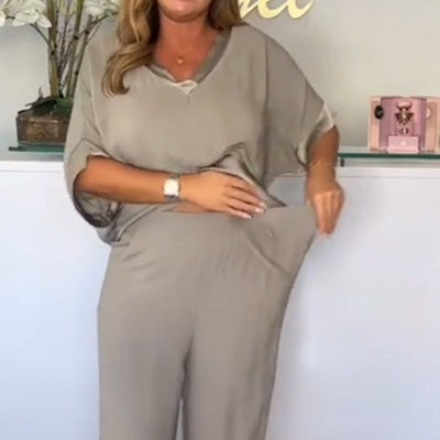 Casual V Neck 2 Piece Set Stylish Comfortable Outfit For Women