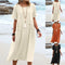 Women's Cotton Linen Midi Dress Round Neck Casual Summer Wear