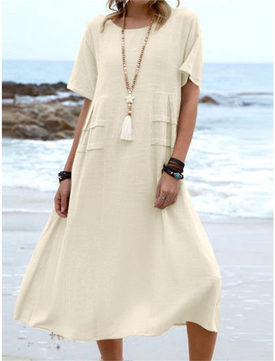 Women's Cotton Linen Midi Dress Round Neck Casual Summer Wear