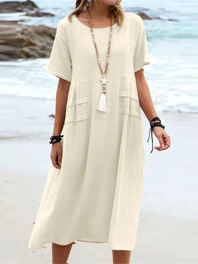Women's Cotton Linen Midi Dress Round Neck Casual Summer Wear