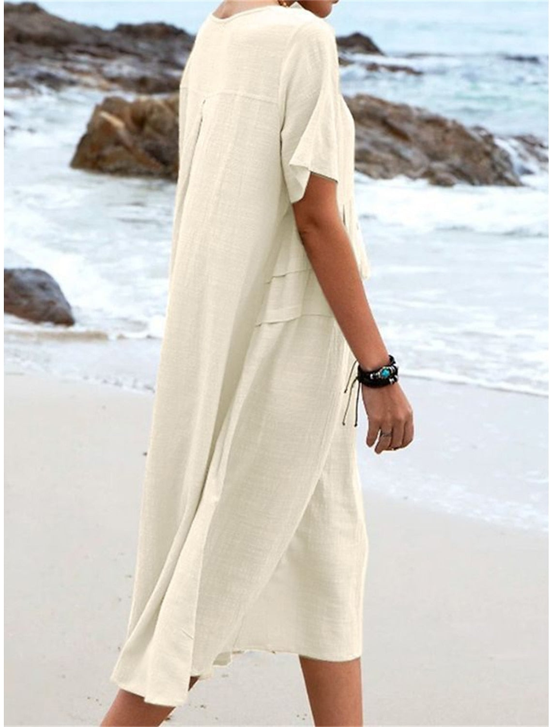 Women's Cotton Linen Midi Dress Round Neck Casual Summer Wear