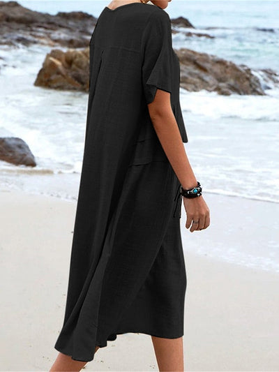 Women's Cotton Linen Midi Dress Round Neck Casual Summer Wear
