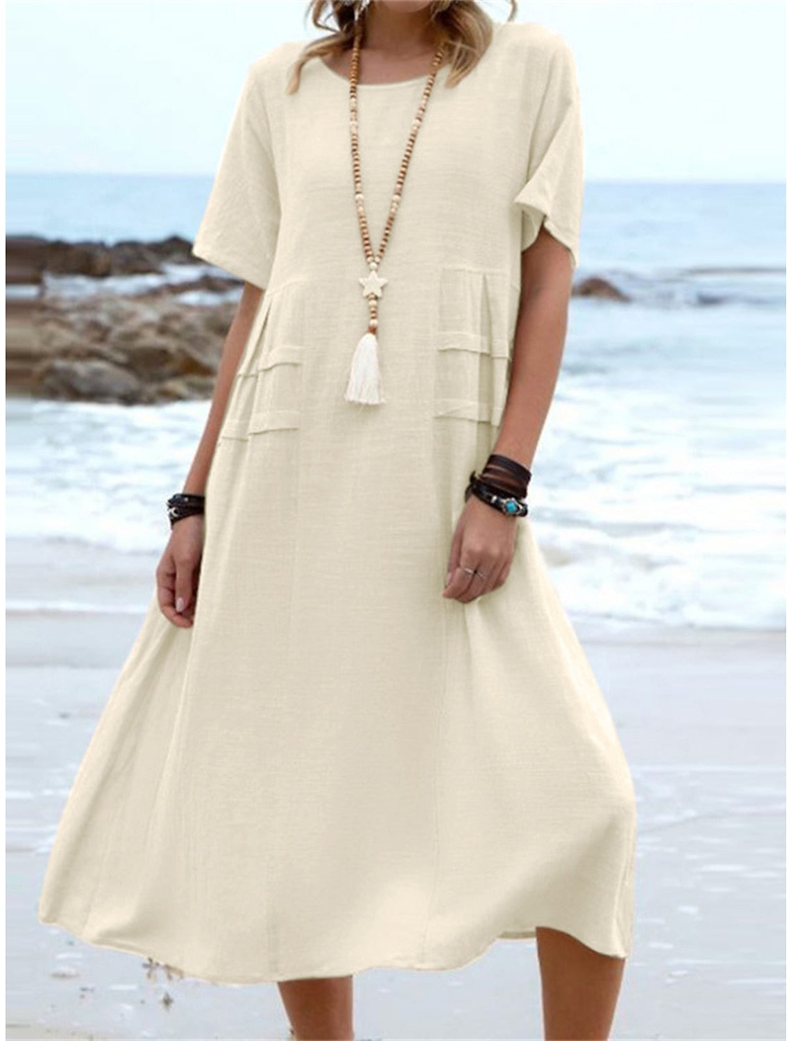 Women's Cotton Linen Midi Dress Round Neck Casual Summer Wear
