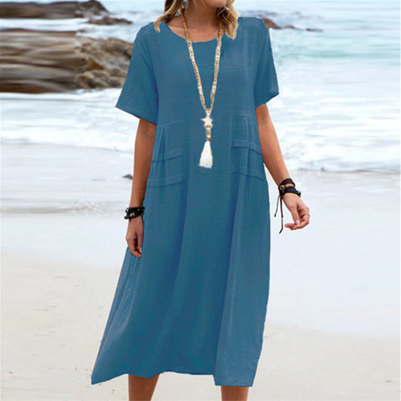 Women's Cotton Linen Midi Dress Round Neck Casual Summer Wear