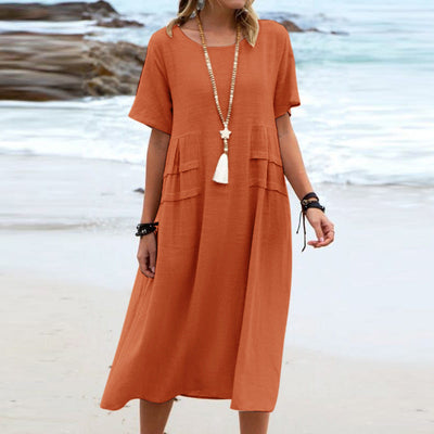 Women's Cotton Linen Midi Dress Round Neck Casual Summer Wear